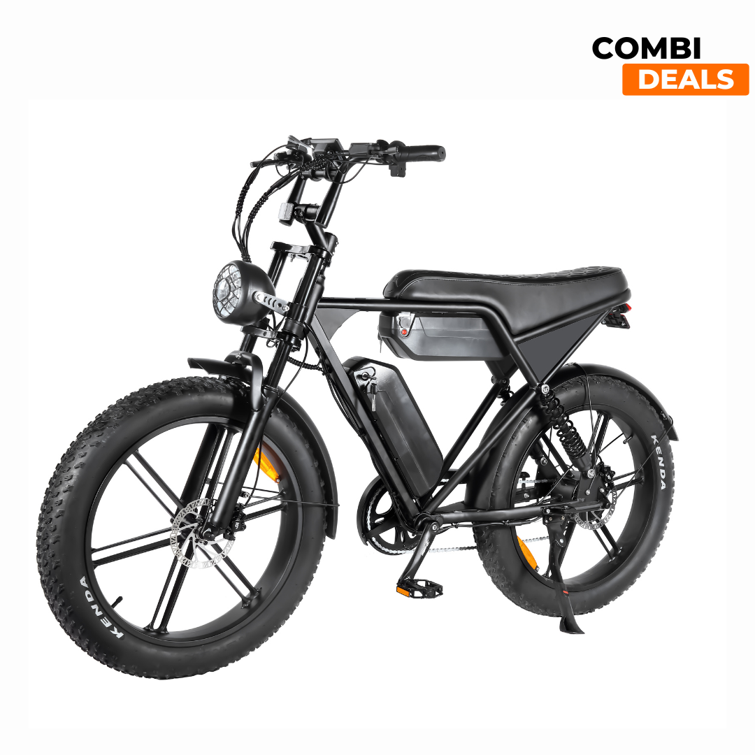 Combi Deal | Ouxi V8 3.0 MAX 2025 Dubbele accu | Fatbike | Zwart + Alarm + Achterzitje + Voetsteuntjes + Fietspomp