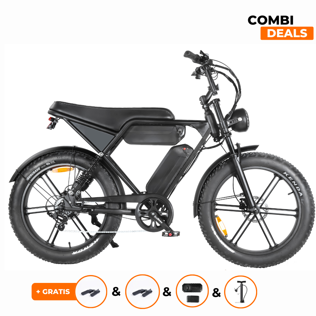 Combi Deal | Ouxi V8 3.0 MAX 2025 Dubbele accu | Fatbike | Zwart + Alarm + Achterzitje + Voetsteuntjes + Fietspomp