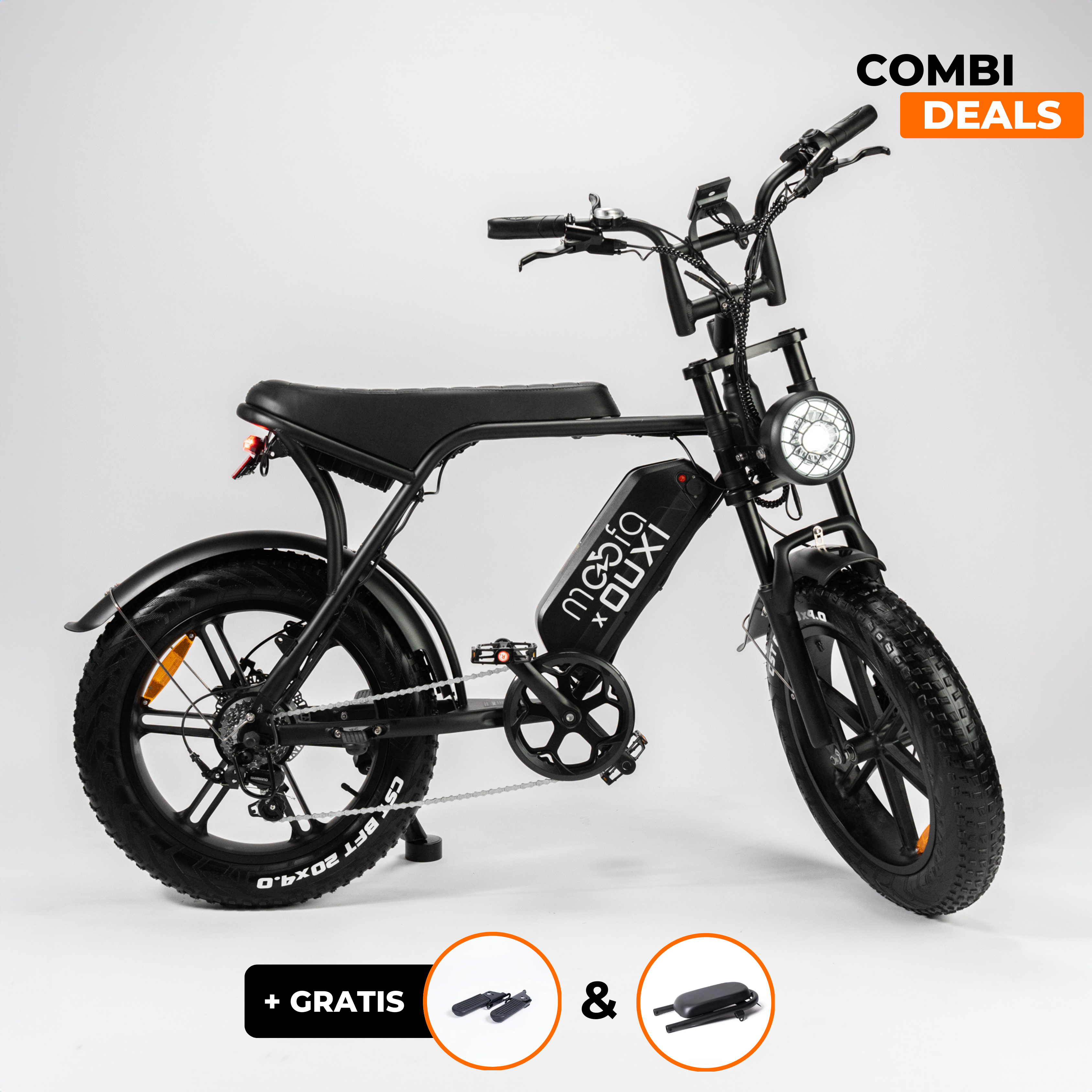 Combi Deal | Ouxi V8 Pro 4.2 | Fatbike | Matt Black + Achterzitje + Voetsteuntjes