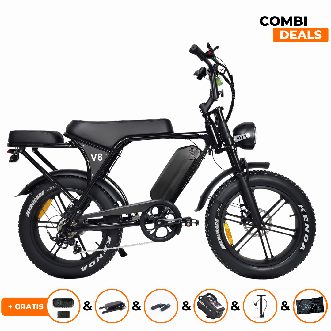 Ouxi V8 Zwart | Fatbike | 25km/u | 2025 edition | Hydraulische remmen | Combi-deal